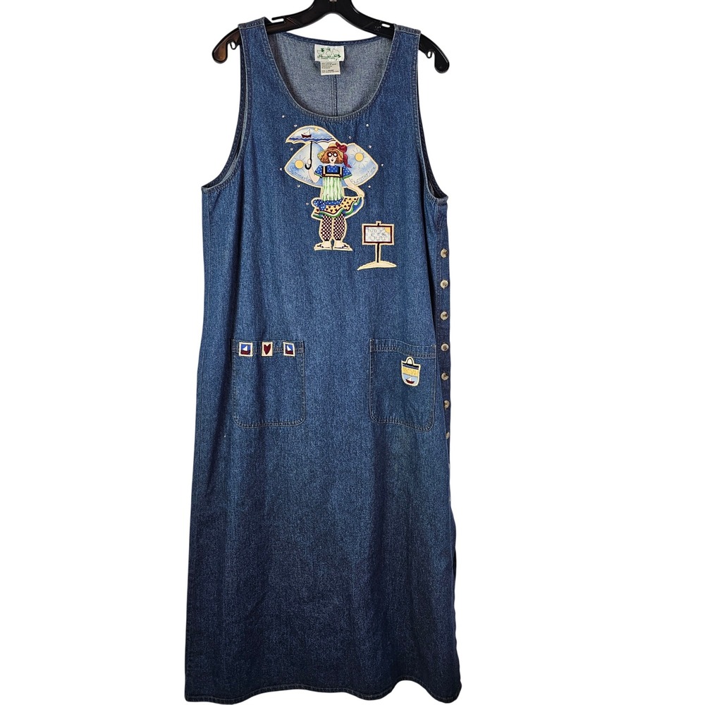 Quacker Factory Denim Jumper Dress Large Blue Cotton Cottagecore Embroidery Maxi